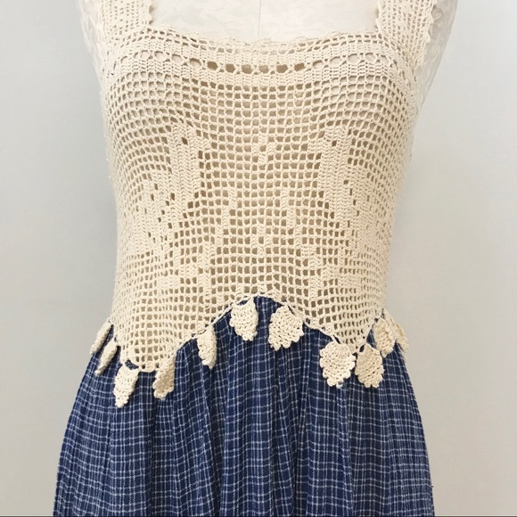 Vintage 70s Boho Crochet Top Print Midi Dress - Picture 5 of 11